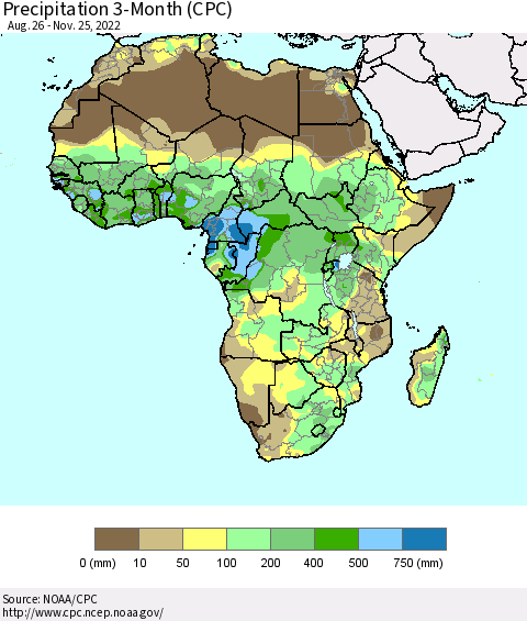 Africa Precipitation 3-Month (CPC) Thematic Map For 8/26/2022 - 11/25/2022