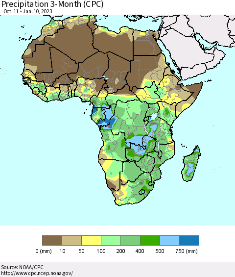 Africa Precipitation 3-Month (CPC) Thematic Map For 10/11/2022 - 1/10/2023