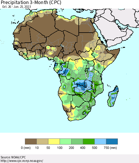 Africa Precipitation 3-Month (CPC) Thematic Map For 10/26/2022 - 1/25/2023
