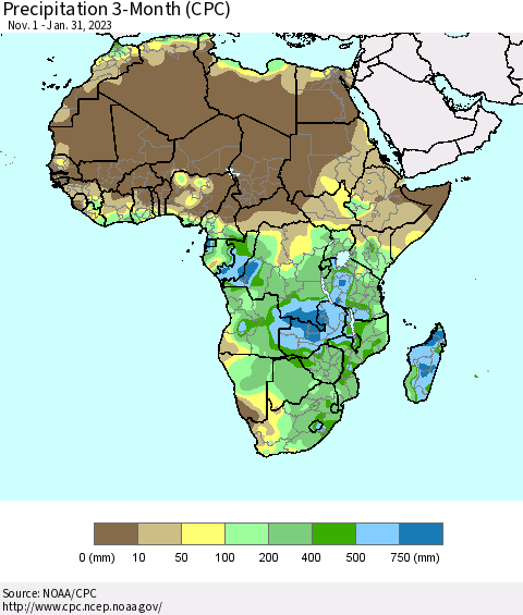 Africa Precipitation 3-Month (CPC) Thematic Map For 11/1/2022 - 1/31/2023