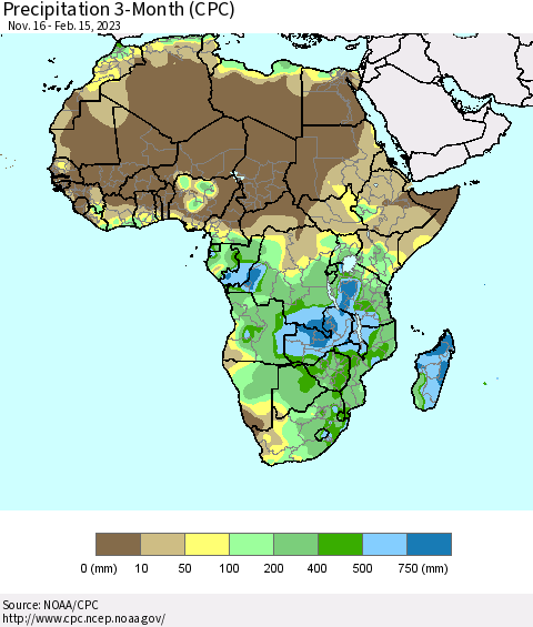 Africa Precipitation 3-Month (CPC) Thematic Map For 11/16/2022 - 2/15/2023