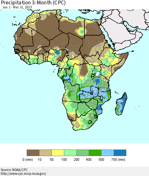 Africa Precipitation 3-Month (CPC) Thematic Map For 1/1/2023 - 3/31/2023
