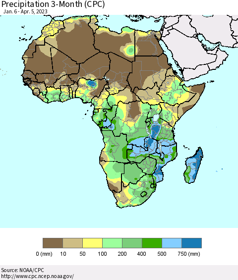 Africa Precipitation 3-Month (CPC) Thematic Map For 1/6/2023 - 4/5/2023