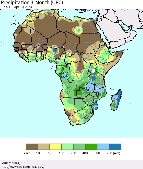 Africa Precipitation 3-Month (CPC) Thematic Map For 1/11/2023 - 4/10/2023