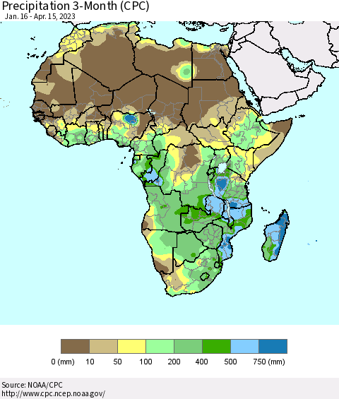 Africa Precipitation 3-Month (CPC) Thematic Map For 1/16/2023 - 4/15/2023