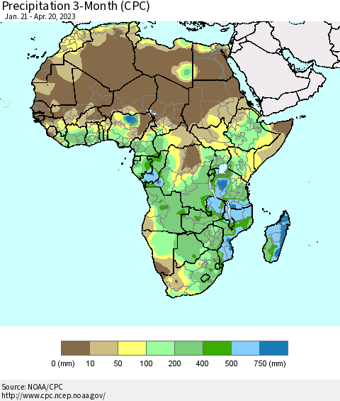 Africa Precipitation 3-Month (CPC) Thematic Map For 1/21/2023 - 4/20/2023