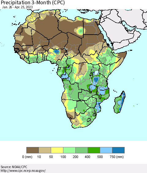 Africa Precipitation 3-Month (CPC) Thematic Map For 1/26/2023 - 4/25/2023