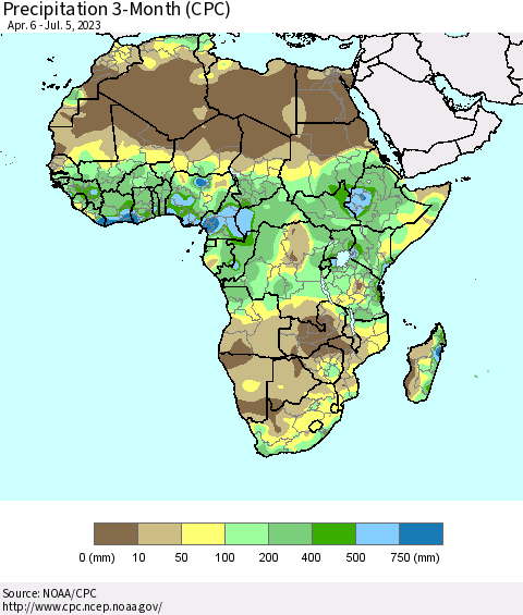 Africa Precipitation 3-Month (CPC) Thematic Map For 4/6/2023 - 7/5/2023