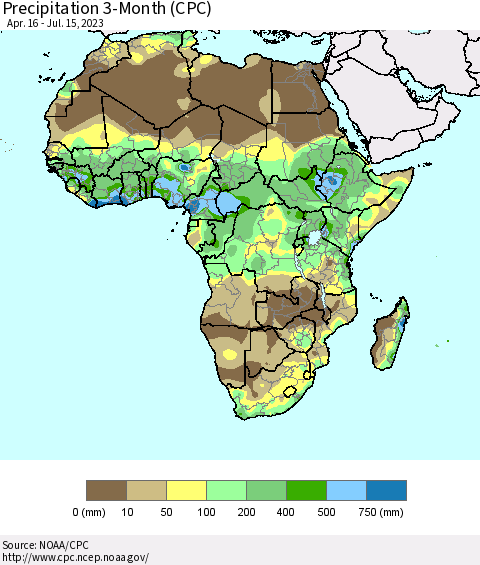 Africa Precipitation 3-Month (CPC) Thematic Map For 4/16/2023 - 7/15/2023