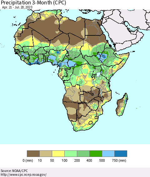 Africa Precipitation 3-Month (CPC) Thematic Map For 4/21/2023 - 7/20/2023