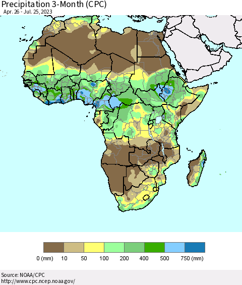 Africa Precipitation 3-Month (CPC) Thematic Map For 4/26/2023 - 7/25/2023