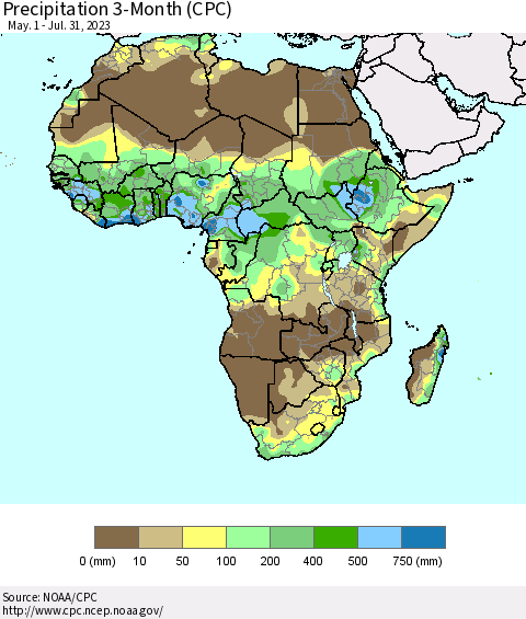 Africa Precipitation 3-Month (CPC) Thematic Map For 5/1/2023 - 7/31/2023