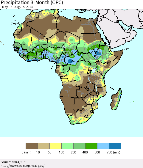 Africa Precipitation 3-Month (CPC) Thematic Map For 5/16/2023 - 8/15/2023