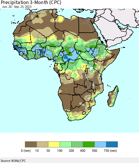 Africa Precipitation 3-Month (CPC) Thematic Map For 6/26/2023 - 9/25/2023