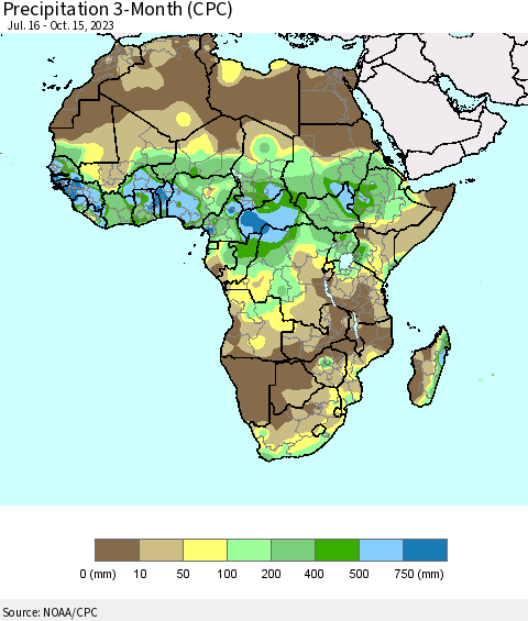 Africa Precipitation 3-Month (CPC) Thematic Map For 7/16/2023 - 10/15/2023