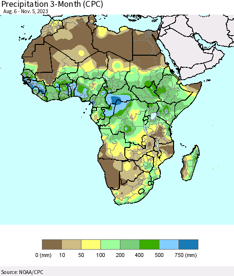 Africa Precipitation 3-Month (CPC) Thematic Map For 8/6/2023 - 11/5/2023