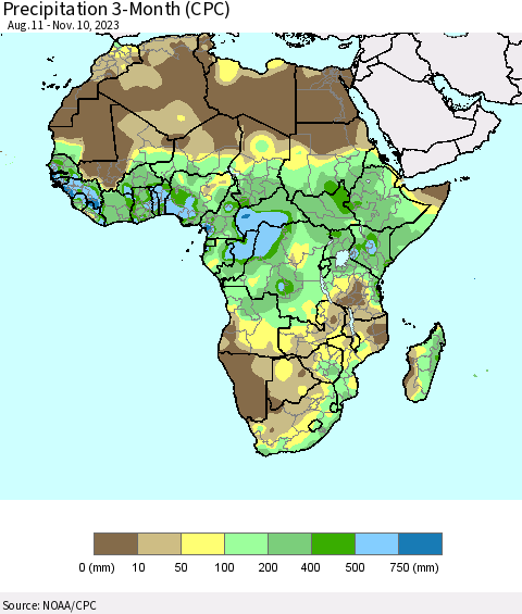 Africa Precipitation 3-Month (CPC) Thematic Map For 8/11/2023 - 11/10/2023