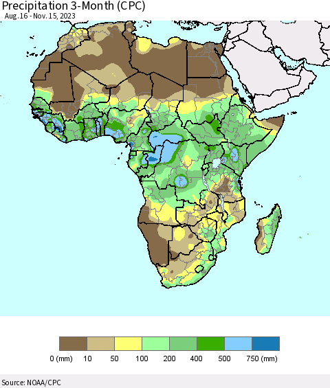Africa Precipitation 3-Month (CPC) Thematic Map For 8/16/2023 - 11/15/2023