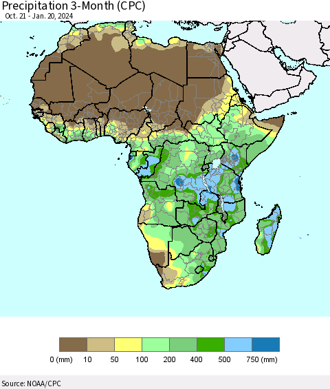 Africa Precipitation 3-Month (CPC) Thematic Map For 10/21/2023 - 1/20/2024