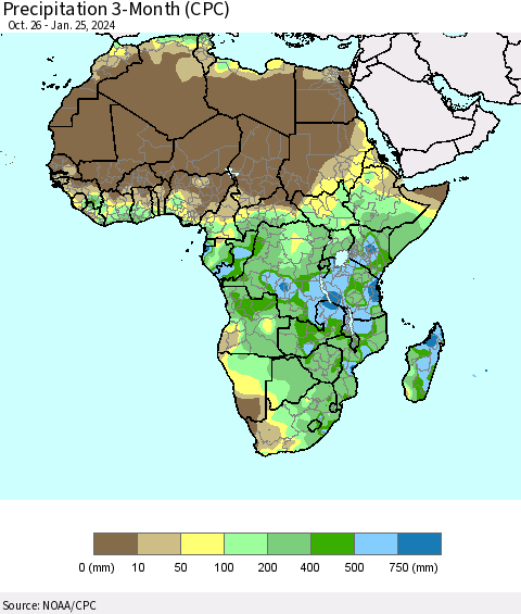 Africa Precipitation 3-Month (CPC) Thematic Map For 10/26/2023 - 1/25/2024