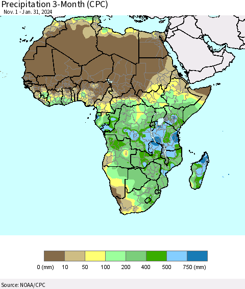 Africa Precipitation 3-Month (CPC) Thematic Map For 11/1/2023 - 1/31/2024