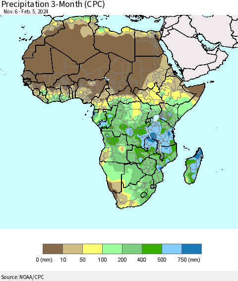 Africa Precipitation 3-Month (CPC) Thematic Map For 11/6/2023 - 2/5/2024