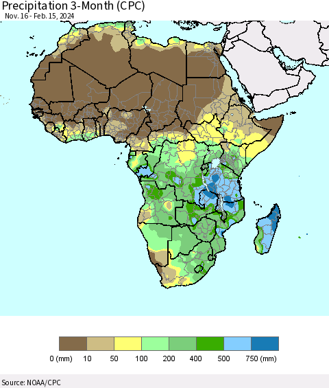 Africa Precipitation 3-Month (CPC) Thematic Map For 11/16/2023 - 2/15/2024