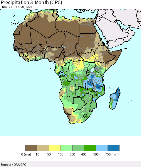 Africa Precipitation 3-Month (CPC) Thematic Map For 11/21/2023 - 2/20/2024