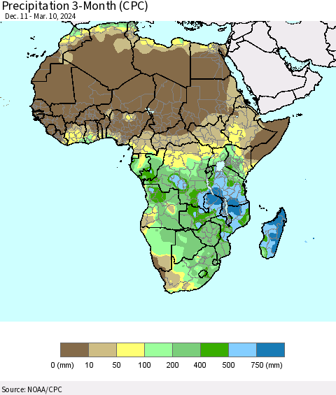 Africa Precipitation 3-Month (CPC) Thematic Map For 12/11/2023 - 3/10/2024