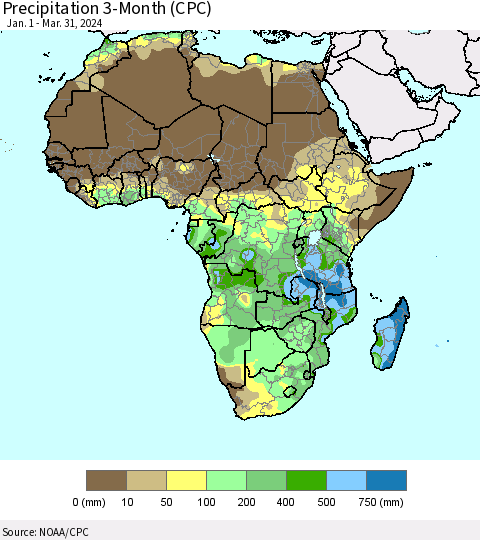 Africa Precipitation 3-Month (CPC) Thematic Map For 1/1/2024 - 3/31/2024