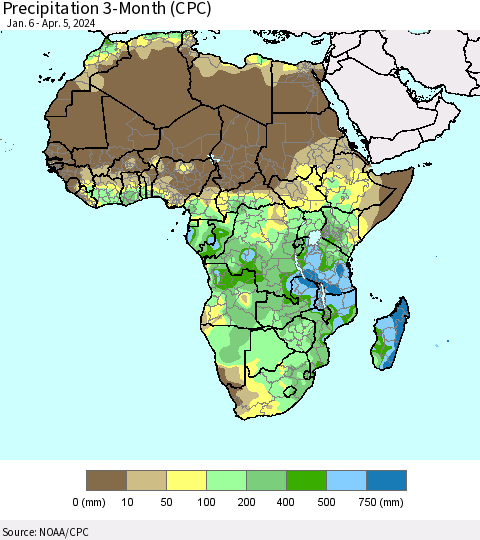 Africa Precipitation 3-Month (CPC) Thematic Map For 1/6/2024 - 4/5/2024