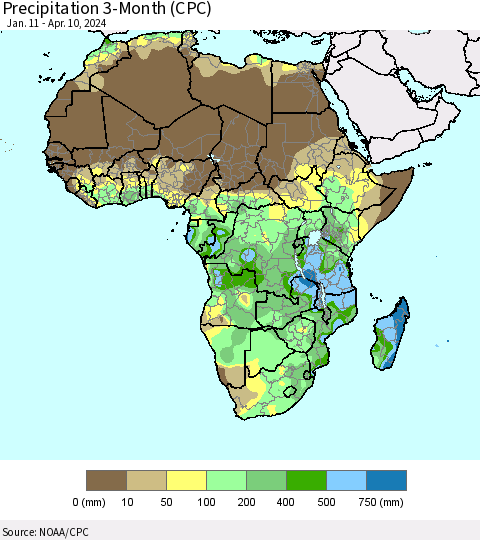 Africa Precipitation 3-Month (CPC) Thematic Map For 1/11/2024 - 4/10/2024
