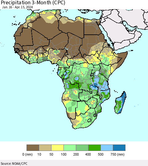 Africa Precipitation 3-Month (CPC) Thematic Map For 1/16/2024 - 4/15/2024