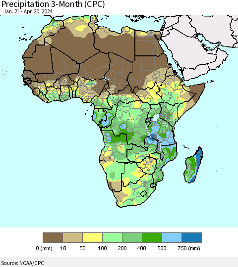 Africa Precipitation 3-Month (CPC) Thematic Map For 1/21/2024 - 4/20/2024