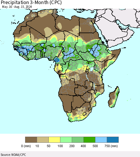 Africa Precipitation 3-Month (CPC) Thematic Map For 5/16/2024 - 8/15/2024