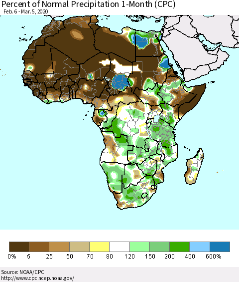 Africa Percent of Normal Precipitation 1-Month (CPC) Thematic Map For 2/6/2020 - 3/5/2020