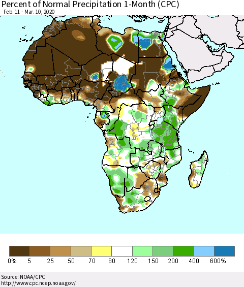 Africa Percent of Normal Precipitation 1-Month (CPC) Thematic Map For 2/11/2020 - 3/10/2020