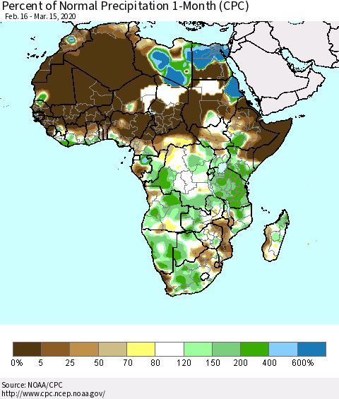 Africa Percent of Normal Precipitation 1-Month (CPC) Thematic Map For 2/16/2020 - 3/15/2020