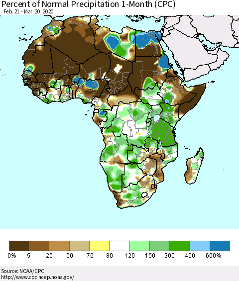 Africa Percent of Normal Precipitation 1-Month (CPC) Thematic Map For 2/21/2020 - 3/20/2020