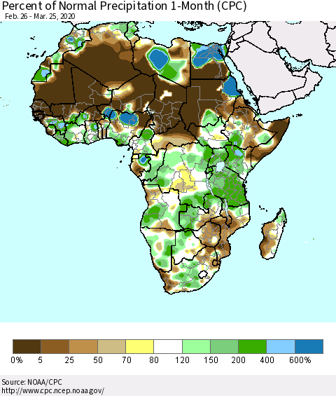Africa Percent of Normal Precipitation 1-Month (CPC) Thematic Map For 2/26/2020 - 3/25/2020