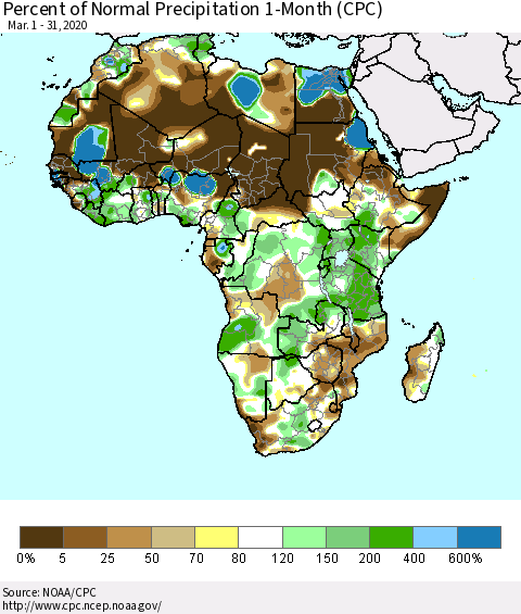 Africa Percent of Normal Precipitation 1-Month (CPC) Thematic Map For 3/1/2020 - 3/31/2020