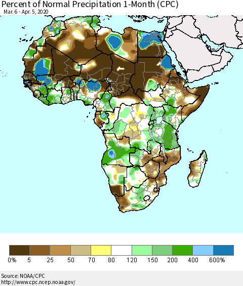 Africa Percent of Normal Precipitation 1-Month (CPC) Thematic Map For 3/6/2020 - 4/5/2020
