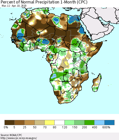 Africa Percent of Normal Precipitation 1-Month (CPC) Thematic Map For 3/11/2020 - 4/10/2020