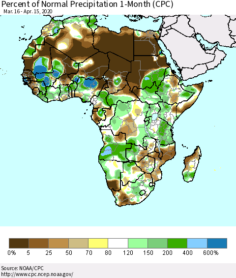 Africa Percent of Normal Precipitation 1-Month (CPC) Thematic Map For 3/16/2020 - 4/15/2020