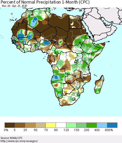 Africa Percent of Normal Precipitation 1-Month (CPC) Thematic Map For 3/26/2020 - 4/25/2020