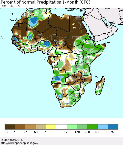 Africa Percent of Normal Precipitation 1-Month (CPC) Thematic Map For 4/1/2020 - 4/30/2020