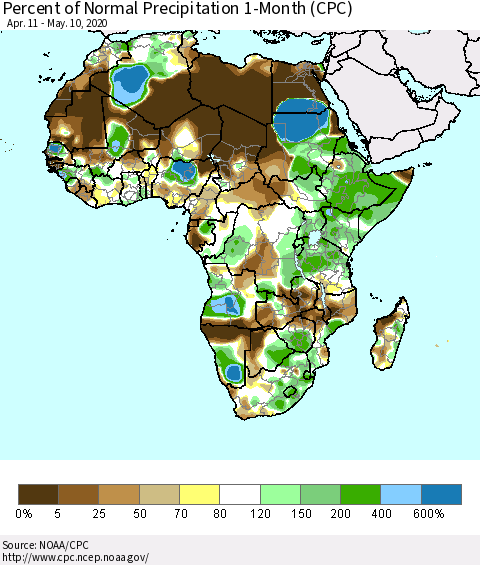 Africa Percent of Normal Precipitation 1-Month (CPC) Thematic Map For 4/11/2020 - 5/10/2020