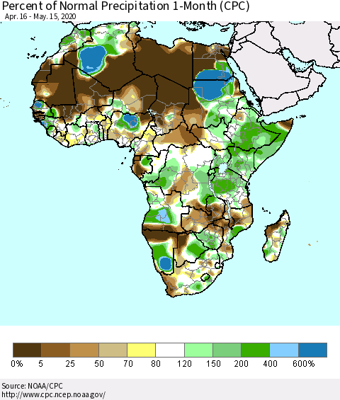 Africa Percent of Normal Precipitation 1-Month (CPC) Thematic Map For 4/16/2020 - 5/15/2020