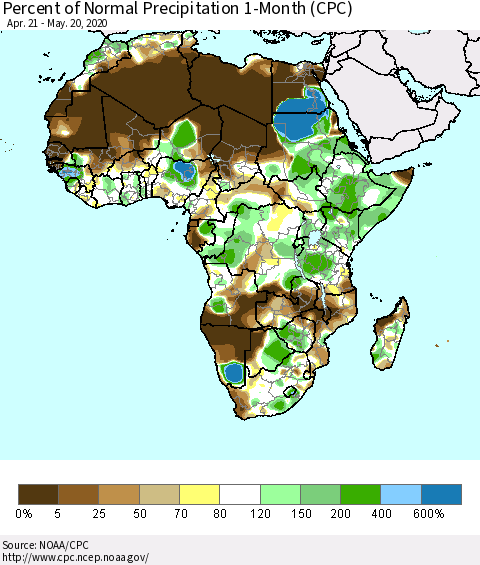 Africa Percent of Normal Precipitation 1-Month (CPC) Thematic Map For 4/21/2020 - 5/20/2020