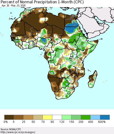 Africa Percent of Normal Precipitation 1-Month (CPC) Thematic Map For 4/26/2020 - 5/25/2020